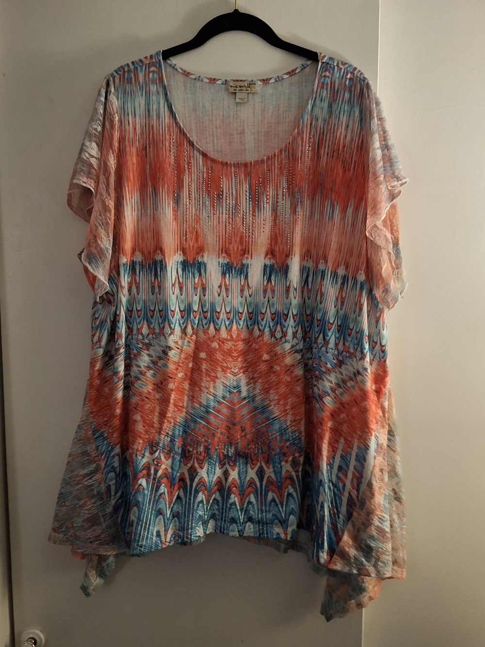 One World Coral, Teal & White Printed Flutter Sleeve Women's Tunic Top